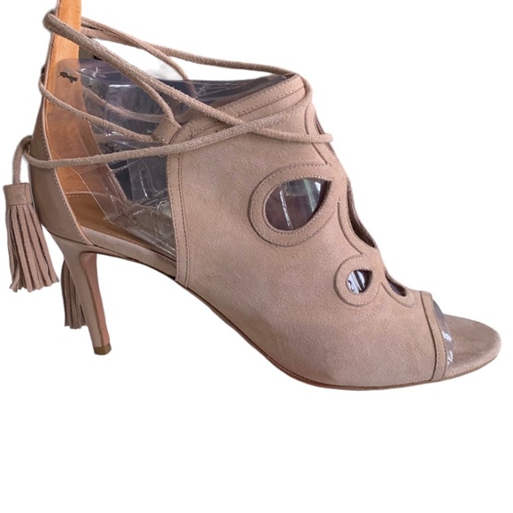 AQUAZURRA FIRENZE NEUTRAL LEATHER TUSSLE HEELED SANDALS - Picture 2 of 16